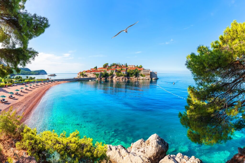 Sveti Stefan island, wonderful view from the rock, Budva riviera, Montenegro